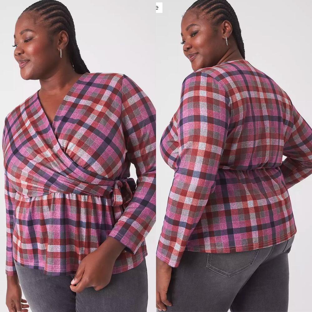 NEW NWT Lane Bryant Classic Faux-Wrap Plaid Top 18/20 Purple‎ Surplice Peplum